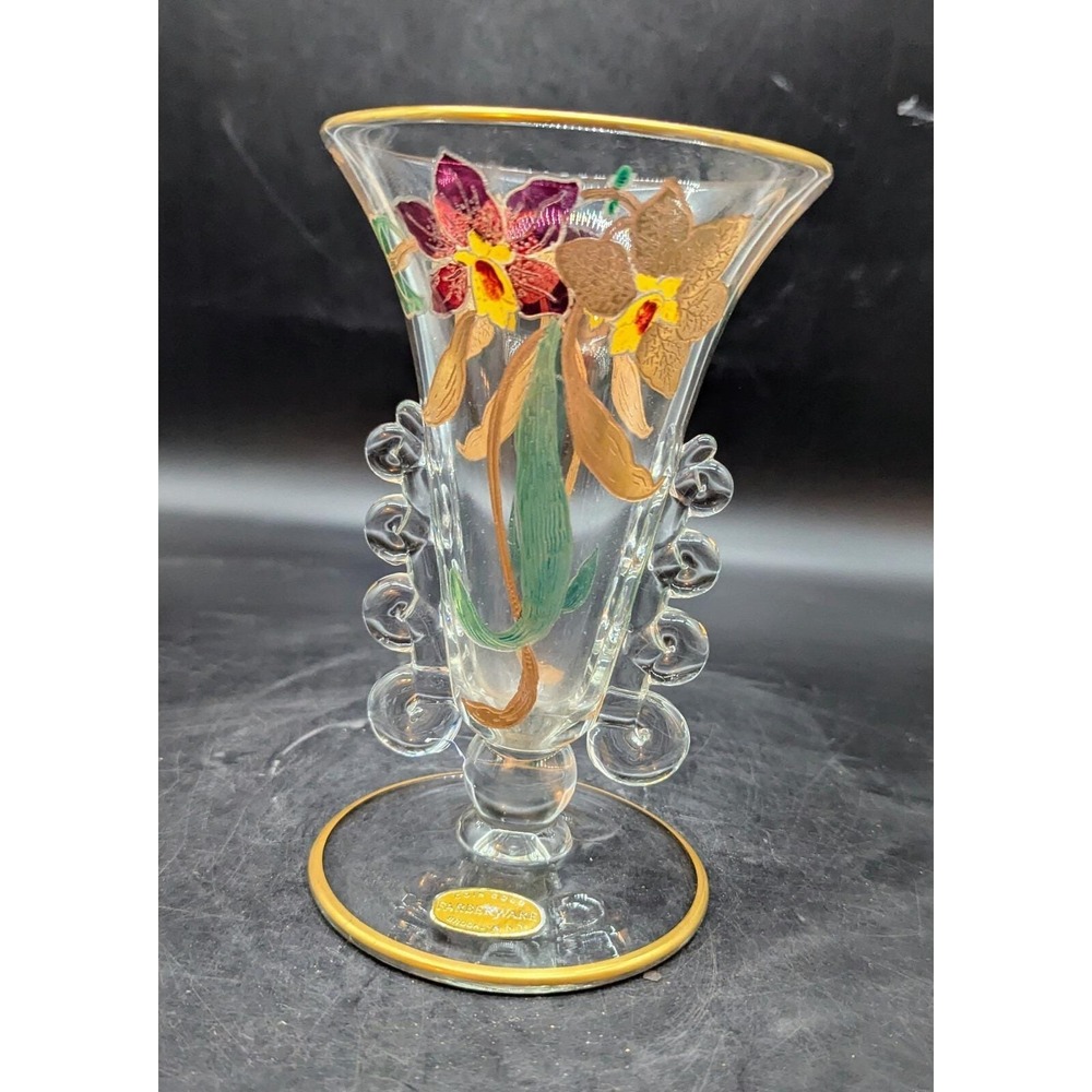 Vintage Rare Heisey Colored Lariat Floral Hand Enameled Glass Decorative Vase 7"
